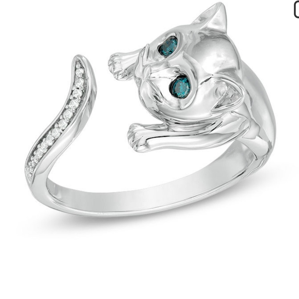 Enhanced Blue and White Diamond Accent Cat Open Ring in Sterling Silver